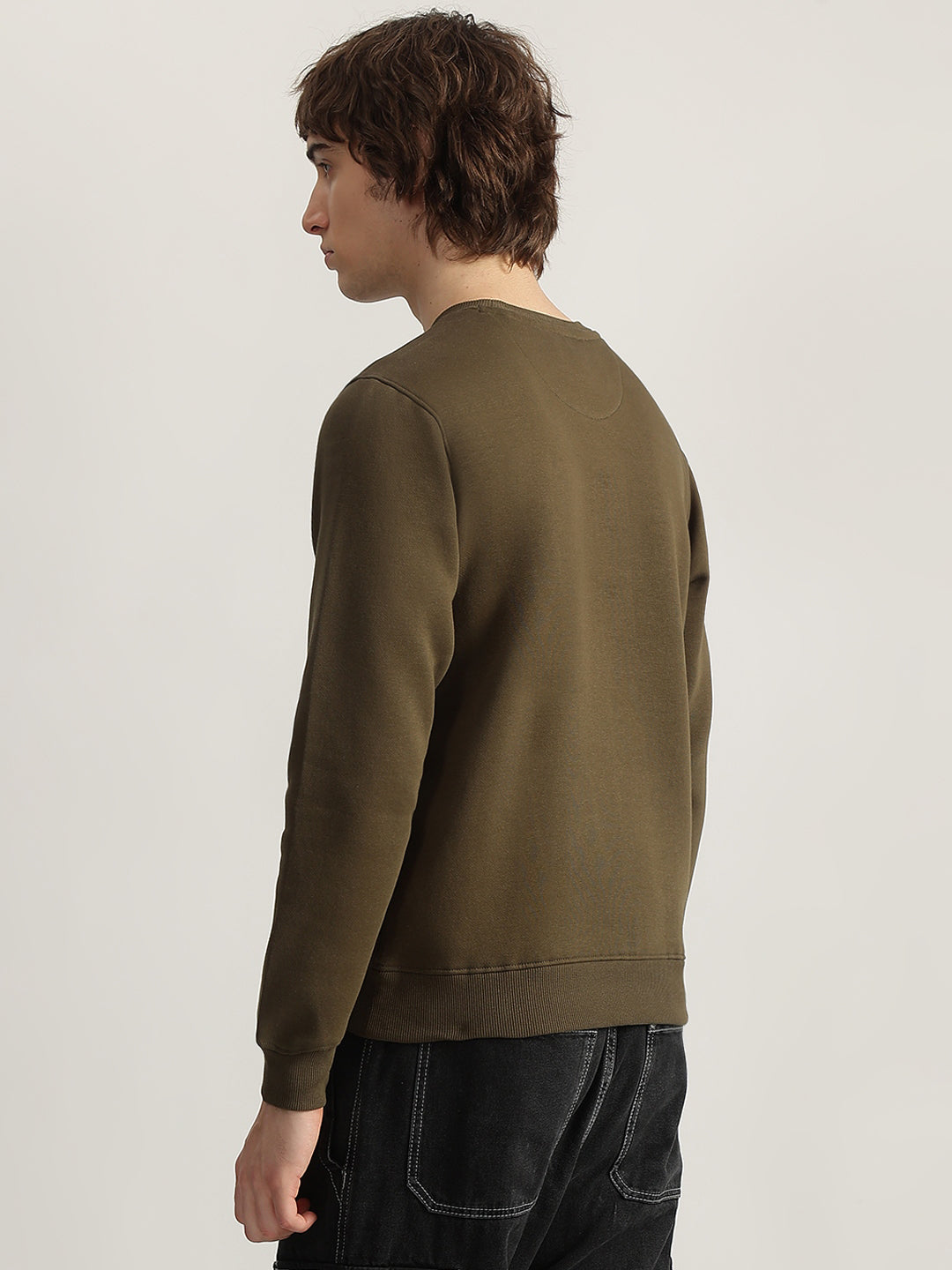 Iconic Men Olive Solid Round Neck Full Sleeves Pullover Style Sweatshirt