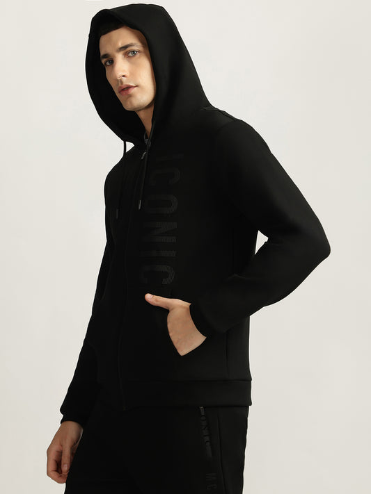 Iconic Men Black Solid Hooded Full Sleeves Sweatshirt