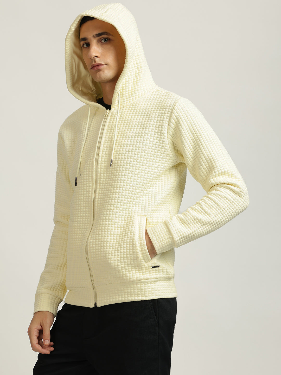 Iconic Men Yellow Self Design Hooded Full Sleeves Zip Through Sweatshirt