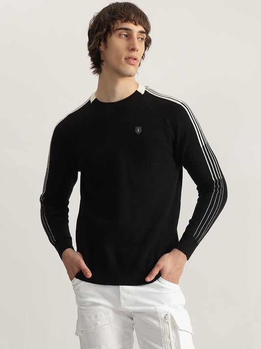 Iconic Men Black Solid Round Neck Full Sleeves Pullover Style Sweater