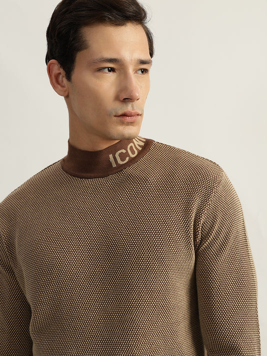 Iconic Men Brown Textured High Neck Full Sleeves Pullover Style Sweater