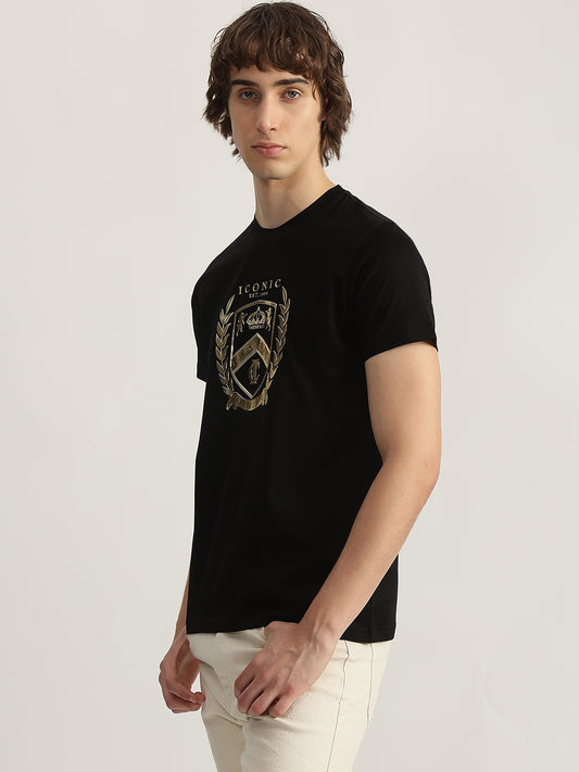 Iconic Men Black Printed Round Neck Short Sleeves T-Shirt