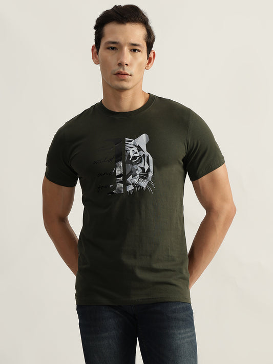 Iconic Men Olive Printed Round Neck Short Sleeves T-Shirt