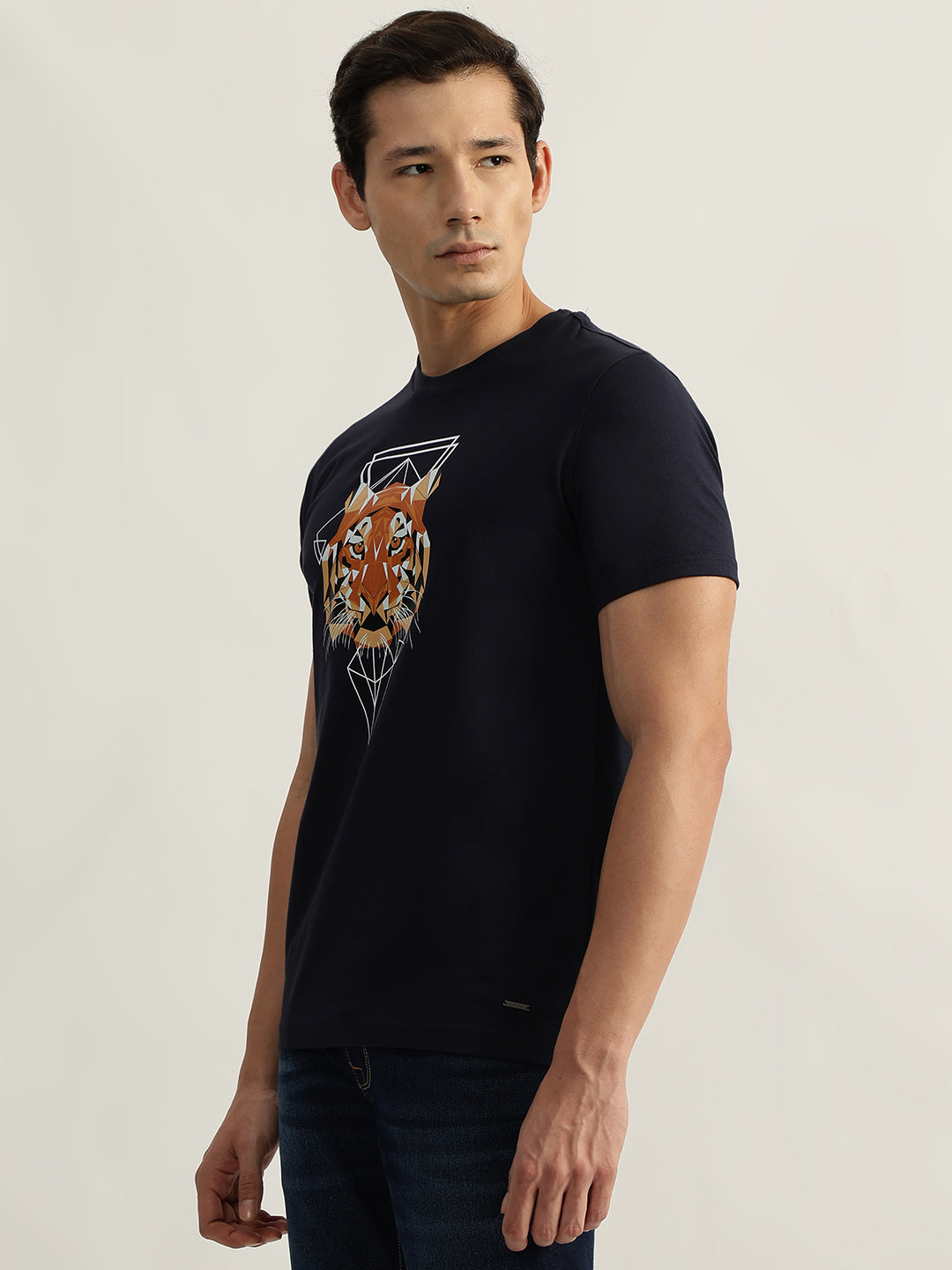 Iconic Men Navy Printed Round Neck Short Sleeves T-Shirt