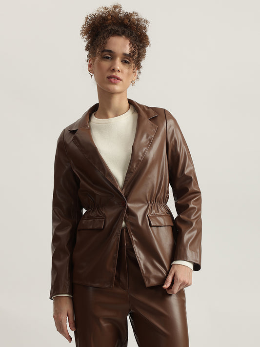 Iconic Women Brown Solid Notched Collar Full Sleeves Single Breasted Blazer