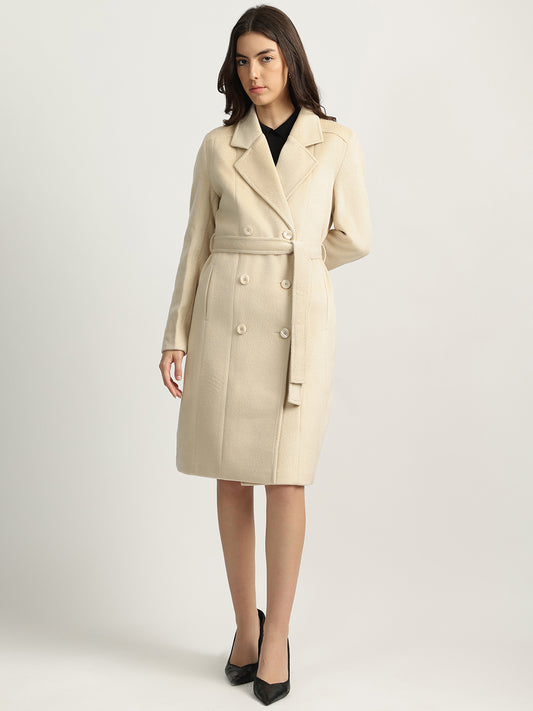 Iconic Women Beige Solid Notched Collar Full Sleeves Double Breasted Overcoat