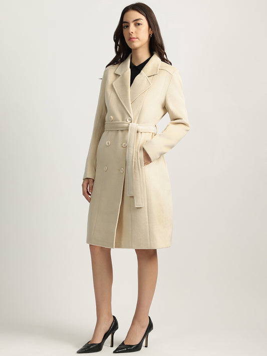 Iconic Women Beige Solid Notched Collar Full Sleeves Double Breasted Overcoat