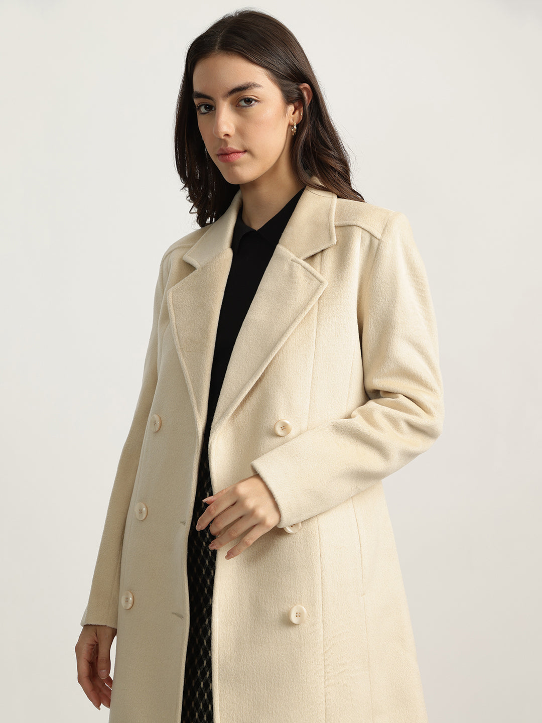 Iconic Women Beige Solid Notched Collar Full Sleeves Double Breasted Overcoat