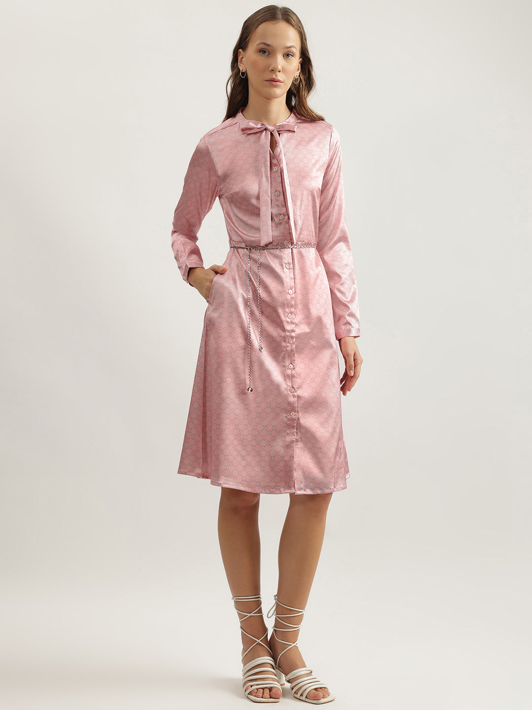 Iconic Women Pink Printed Tie-Up Neck Full Sleeves Shirt Dress