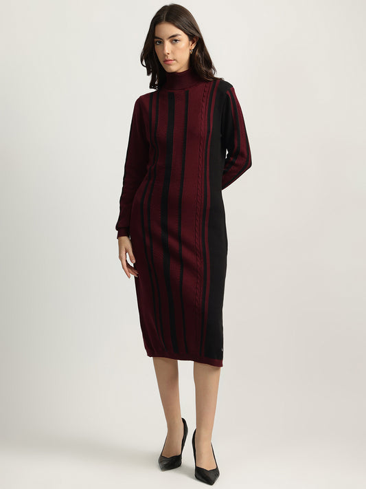 Iconic Women Red Striped Turtle Neck Full Sleeves Sweater Dress