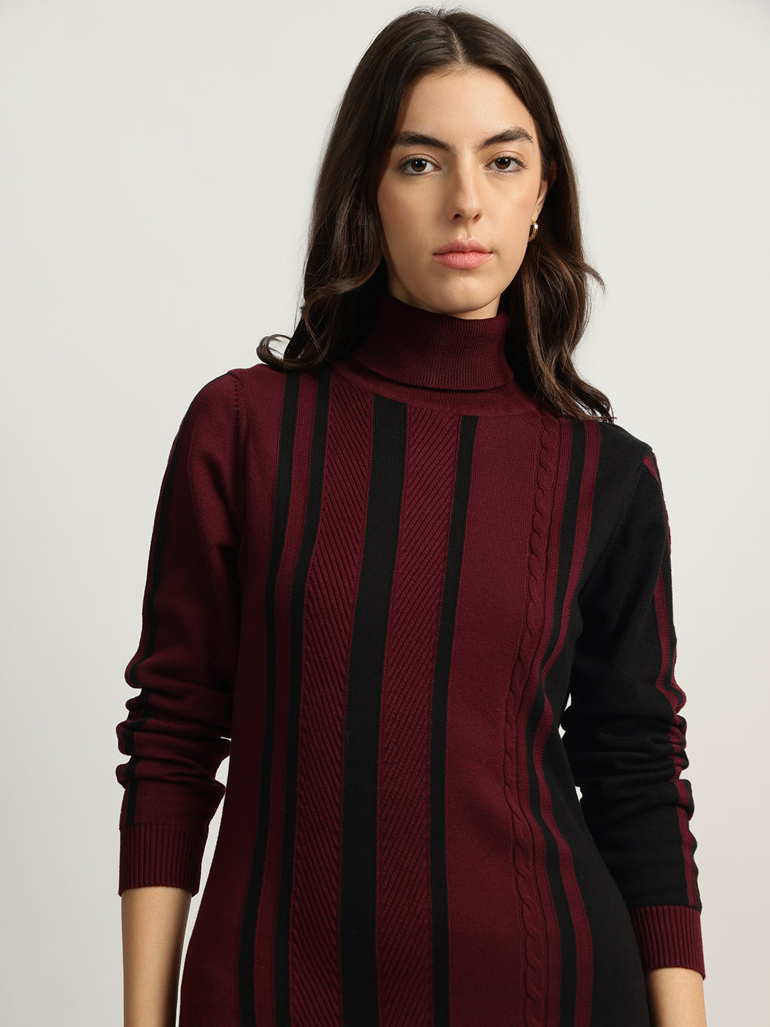 Iconic Women Red Striped Turtle Neck Full Sleeves Sweater Dress