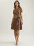 Iconic Women Brown Solid Round Neck Short Sleeves A-Line Dress