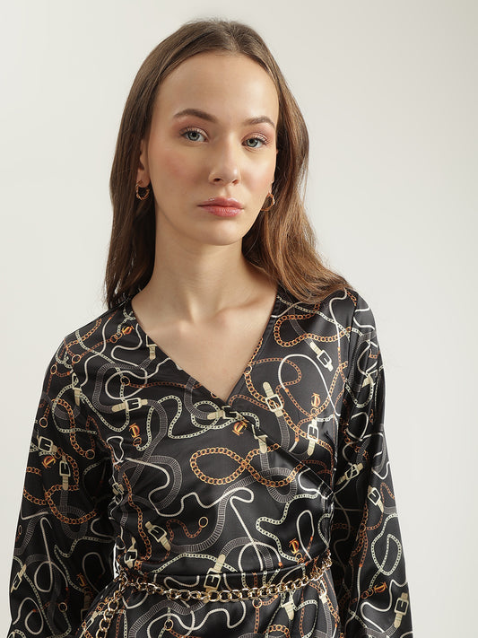 Iconic Women Multi Printed V-Neck Full Sleeves Wrap Dress