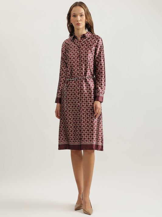 Iconic Women Wine Printed Spread Collar Full Sleeves Shirt Dress