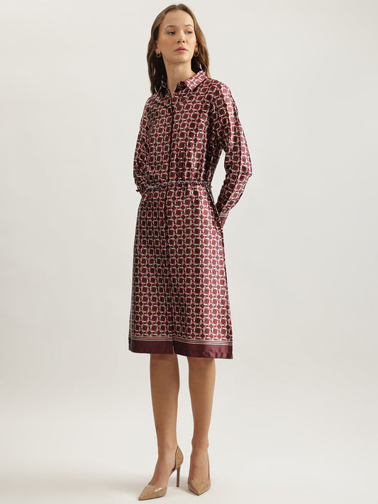 Iconic Women Wine Printed Spread Collar Full Sleeves Shirt Dress