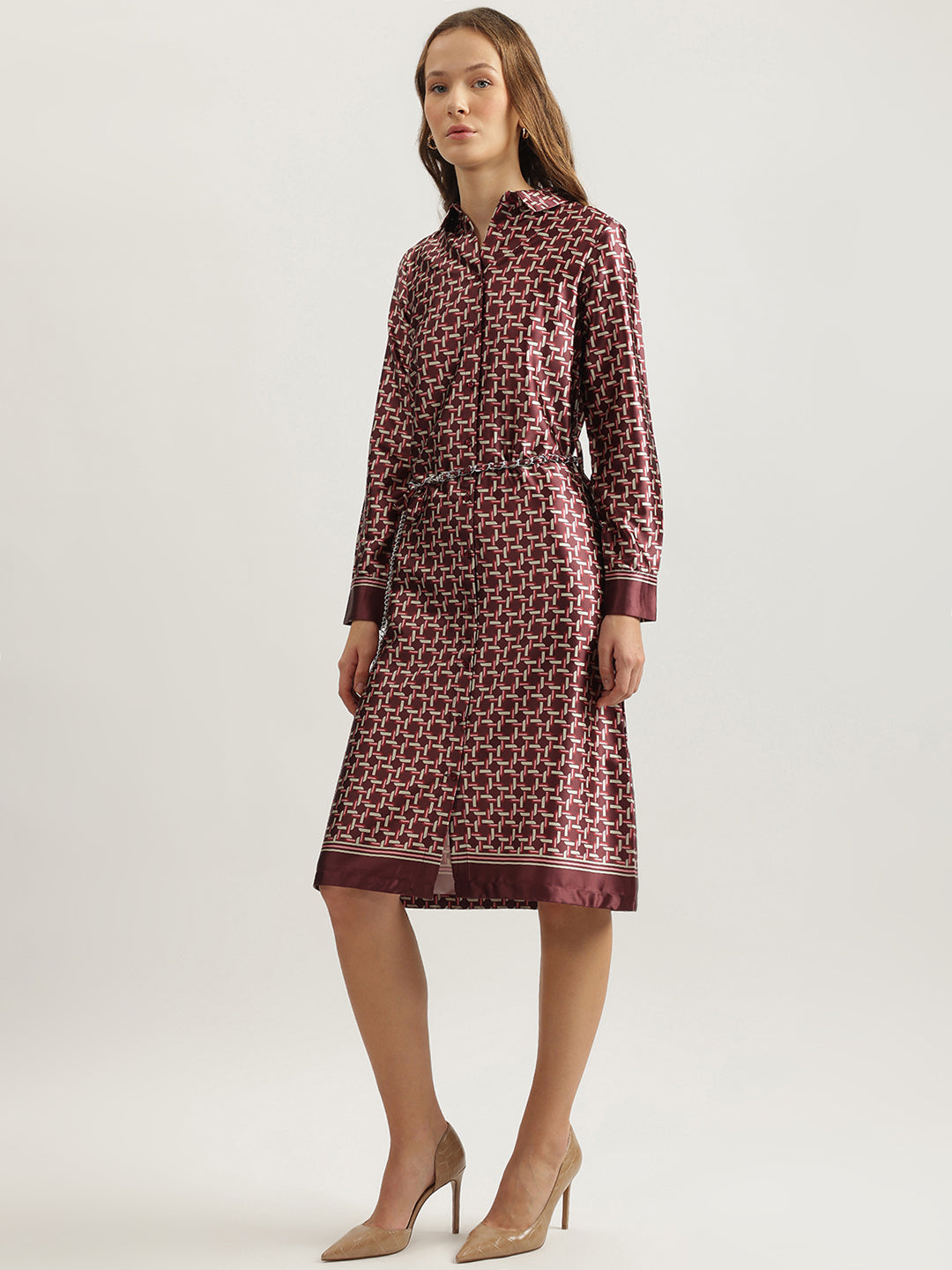 Iconic Women Wine Printed Spread Collar Full Sleeves Shirt Dress