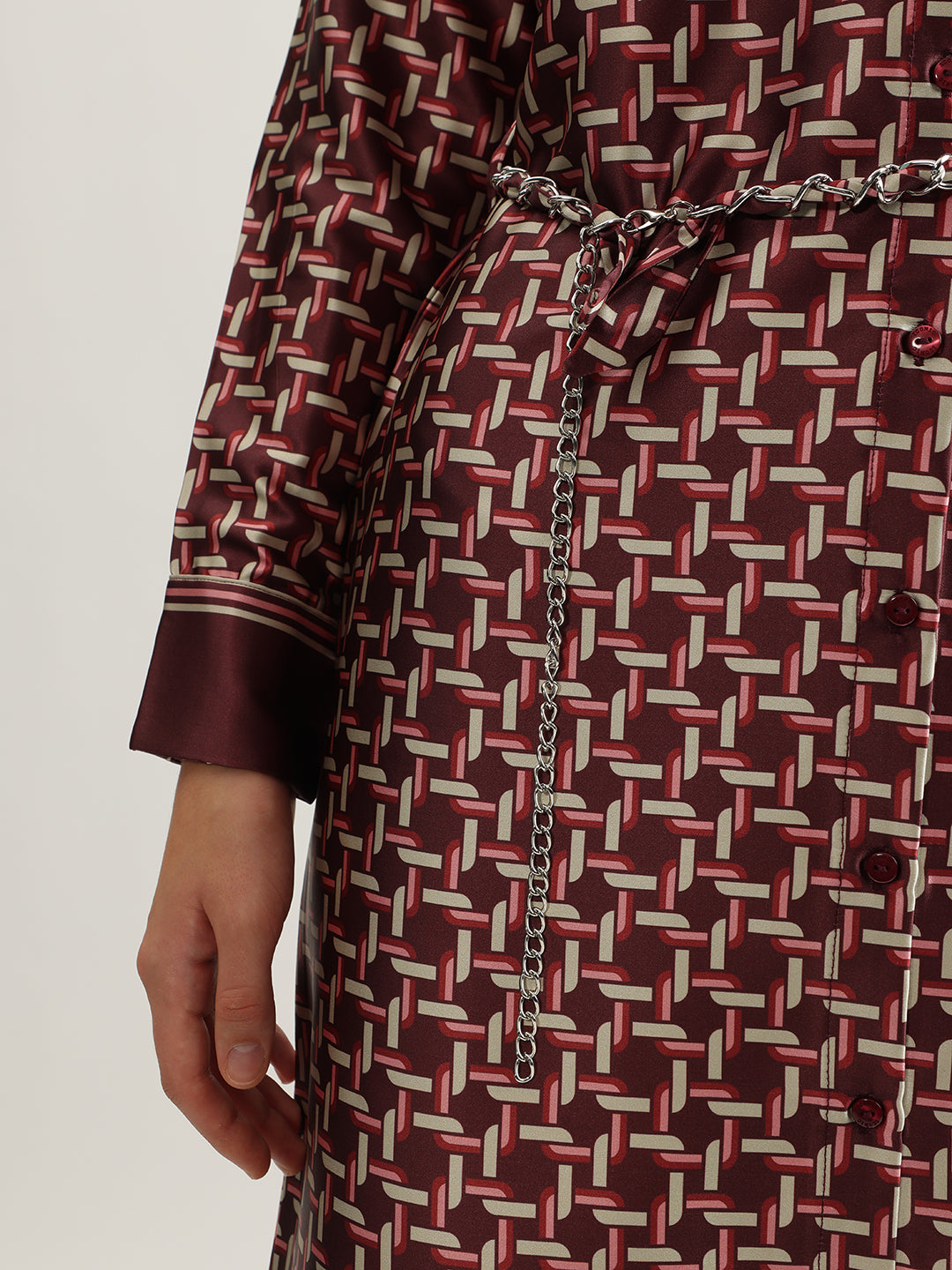 Iconic Women Wine Printed Spread Collar Full Sleeves Shirt Dress