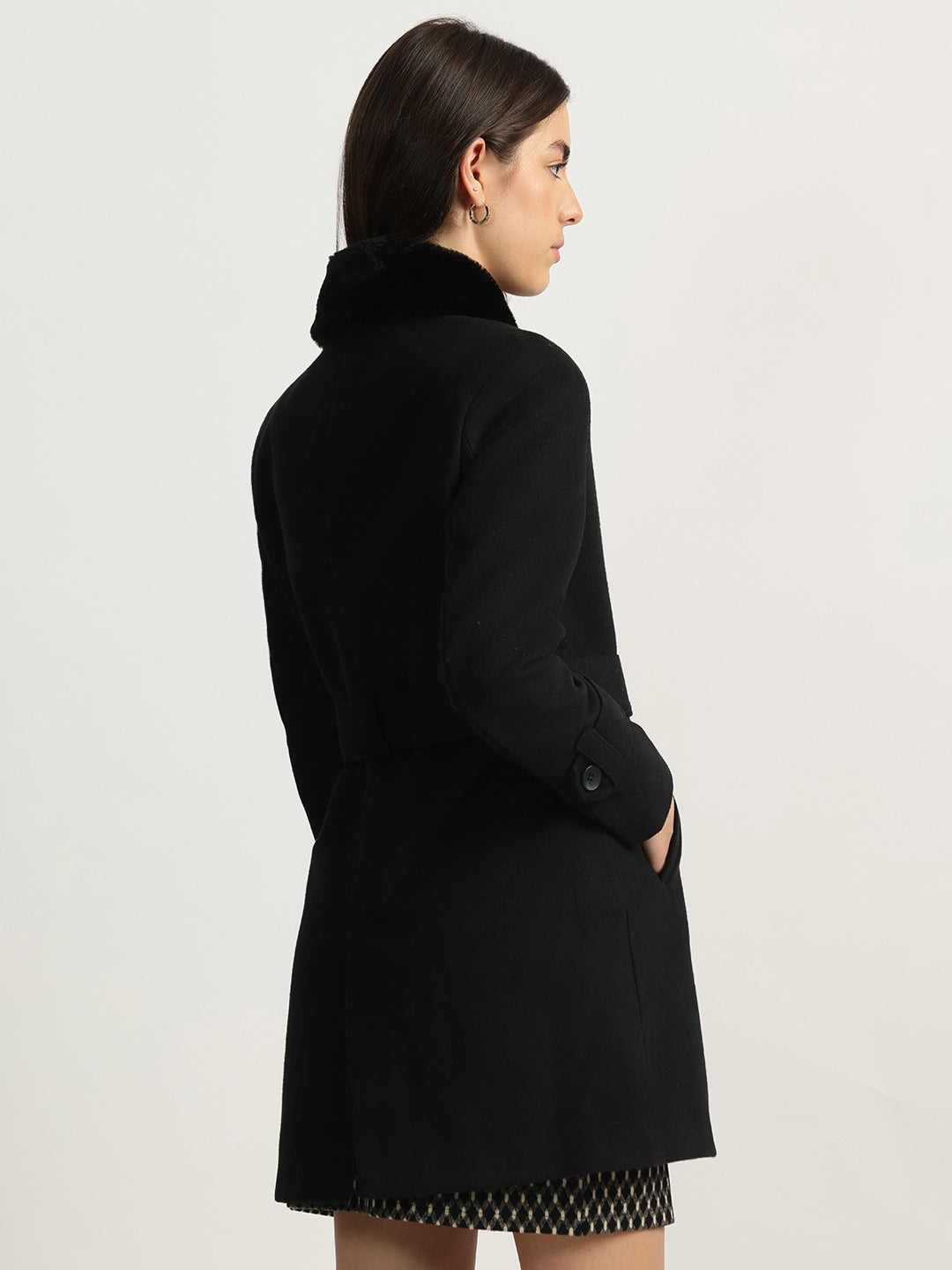 Iconic Women Black Solid Shawl Collar Full Sleeves Overcoat