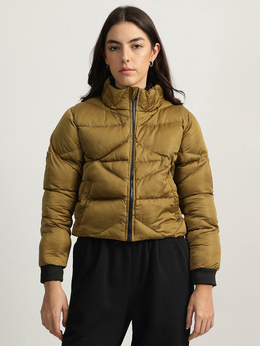 Iconic Women Gold Solid Stand Collar Full Sleeves Puffer Jacket