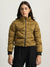 Iconic Women Gold Solid Stand Collar Full Sleeves Puffer Jacket