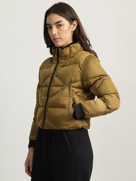 Iconic Women Gold Solid Stand Collar Full Sleeves Puffer Jacket