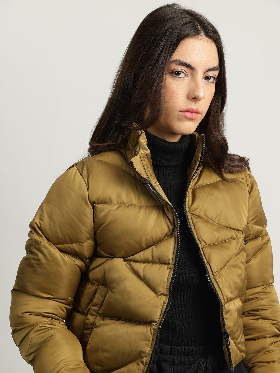 Iconic Women Gold Solid Stand Collar Full Sleeves Puffer Jacket