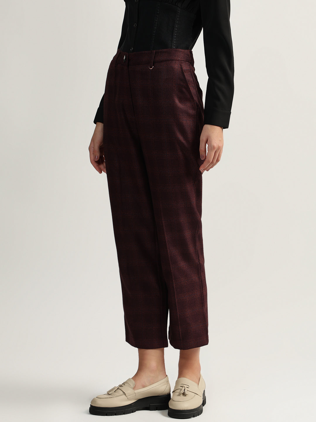 Iconic Women Wine Checked Mid-Rise Straight Fit Flat-front Trouser