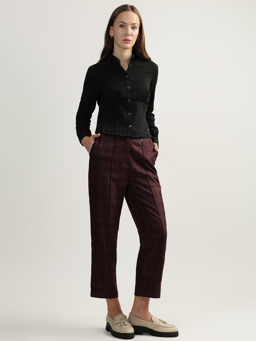 Iconic Women Wine Checked Mid-Rise Straight Fit Flat-front Trouser