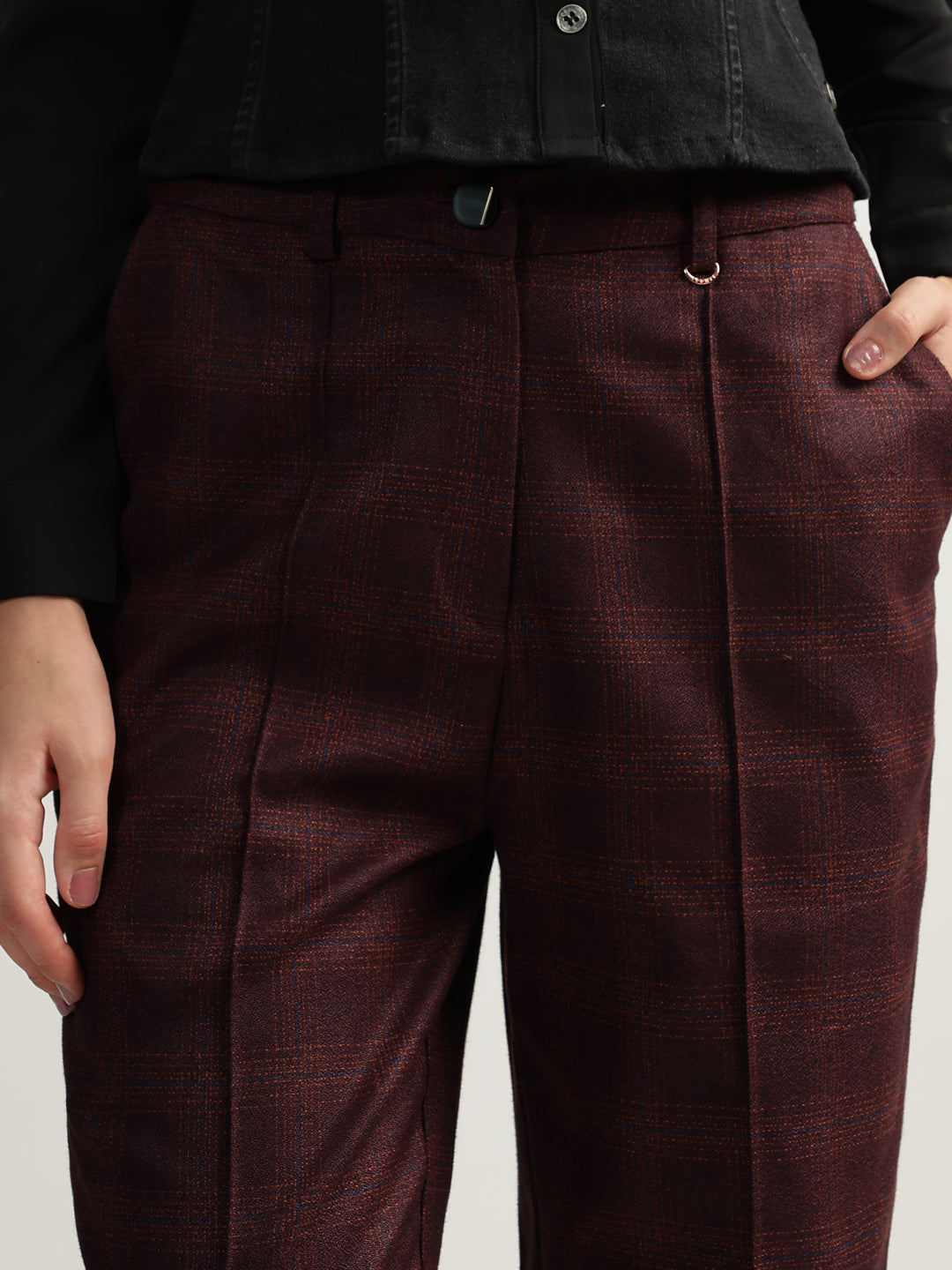 Iconic Women Wine Checked Mid-Rise Straight Fit Flat-front Trouser