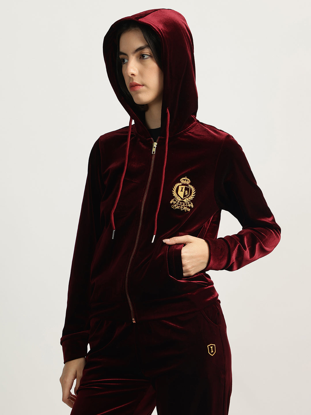 Iconic Women Maroon Solid Hooded Full Sleeves Zip Through Sweatshirt