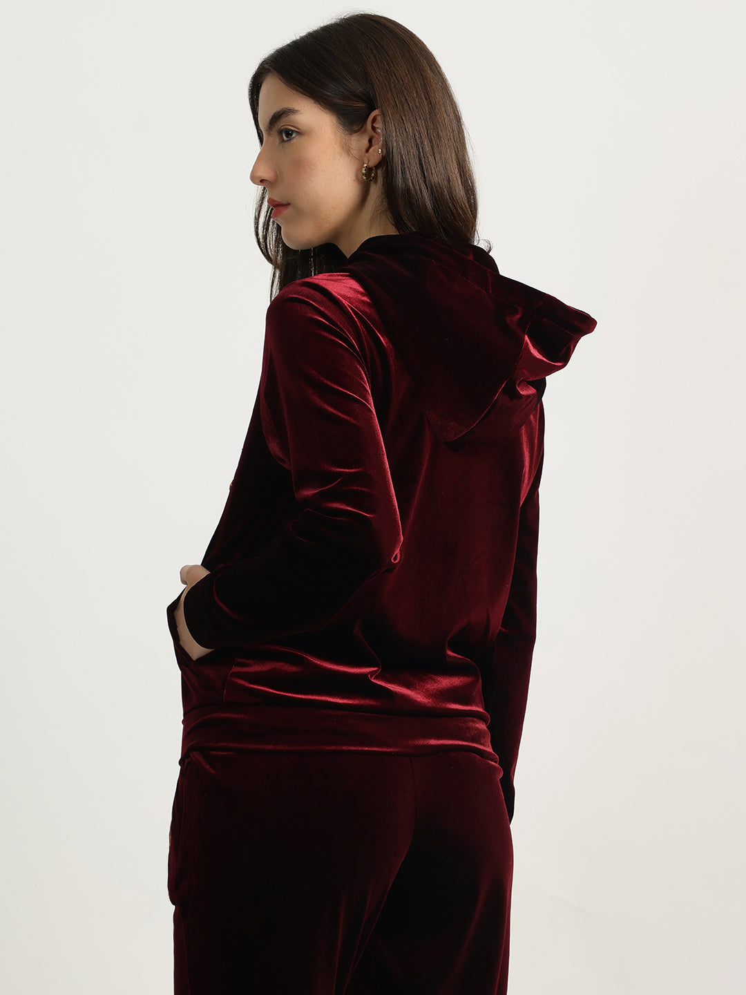 Iconic Women Maroon Solid Hooded Full Sleeves Zip Through Sweatshirt