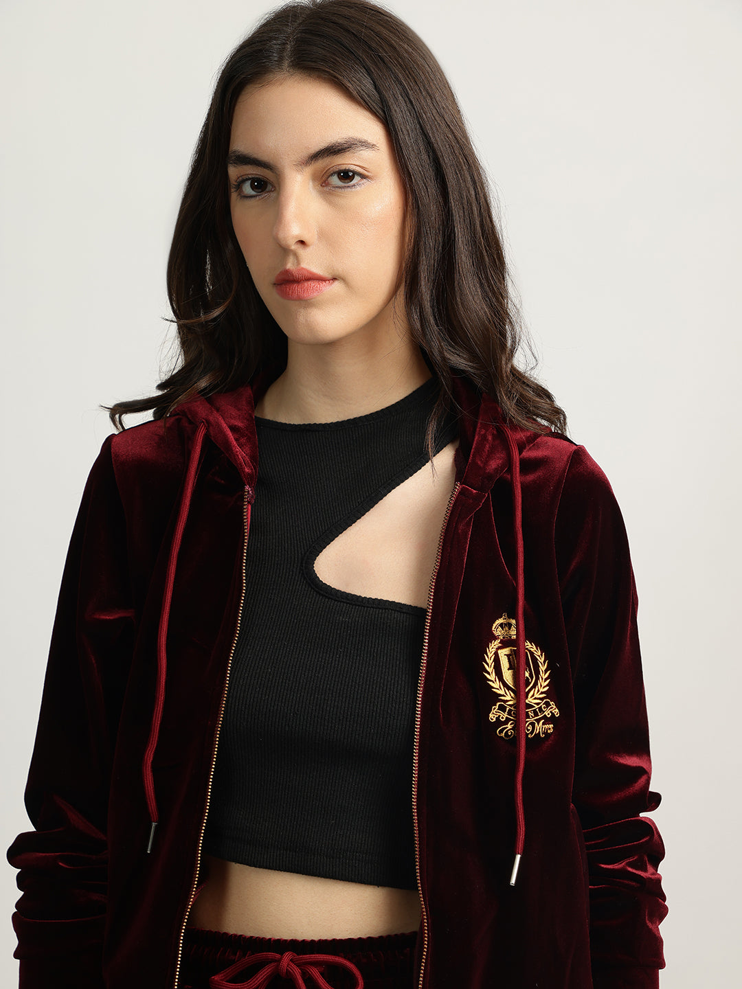 Iconic Women Maroon Solid Hooded Full Sleeves Zip Through Sweatshirt