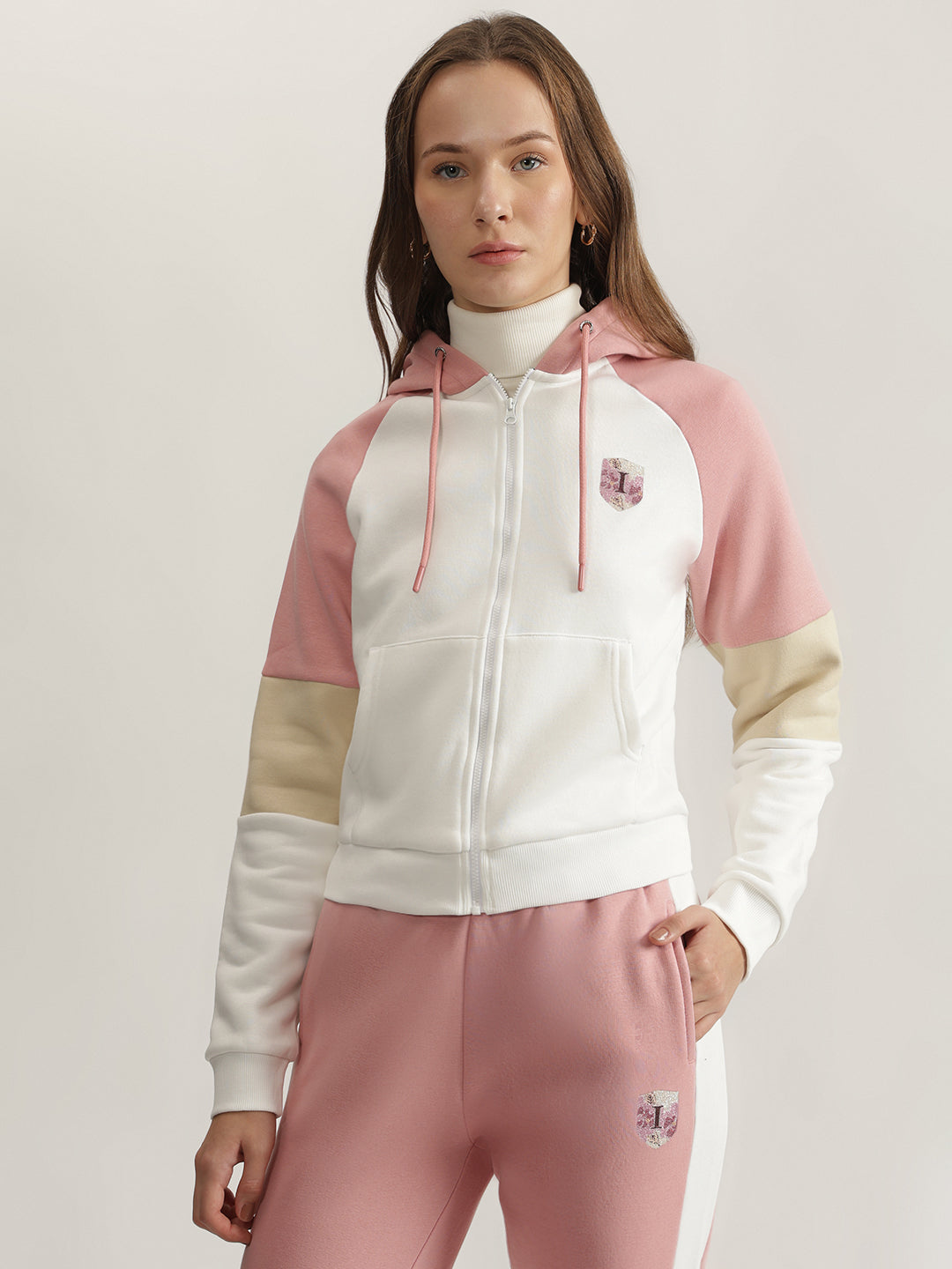 Iconic Women Pink Color-Blocked Hooded Full Sleeves Sweatshirt