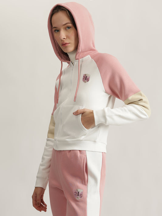 Iconic Women Pink Color-Blocked Hooded Full Sleeves Sweatshirt