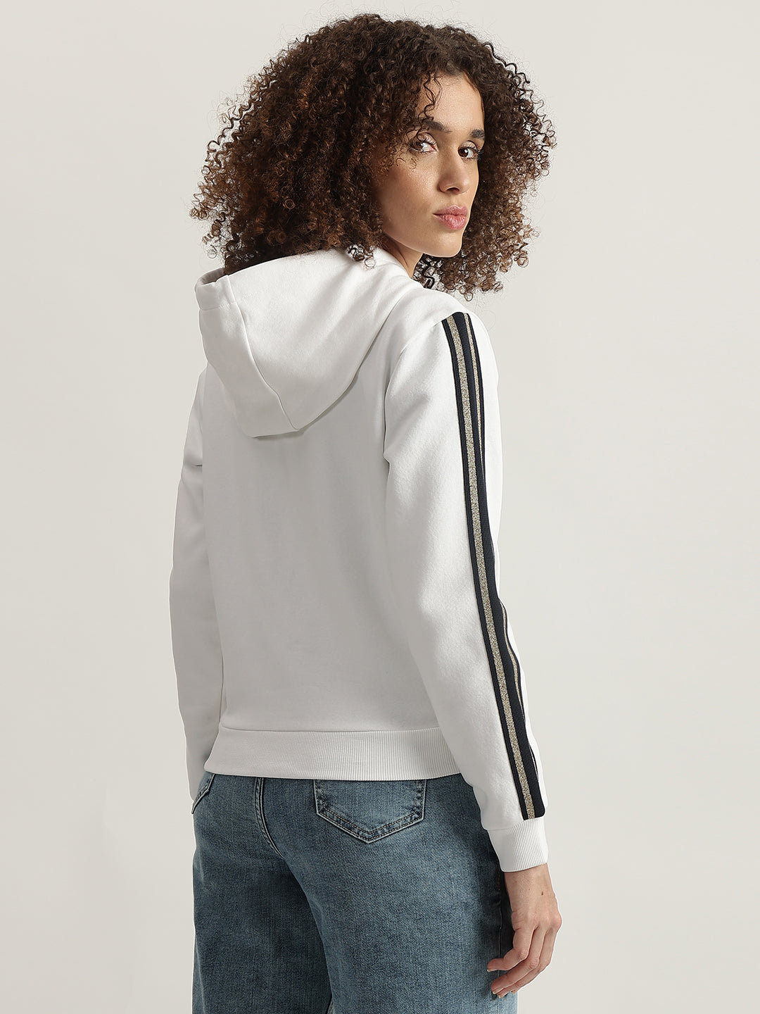 Iconic Women White Solid Hooded Full Sleeves Zip Through Sweatshirt