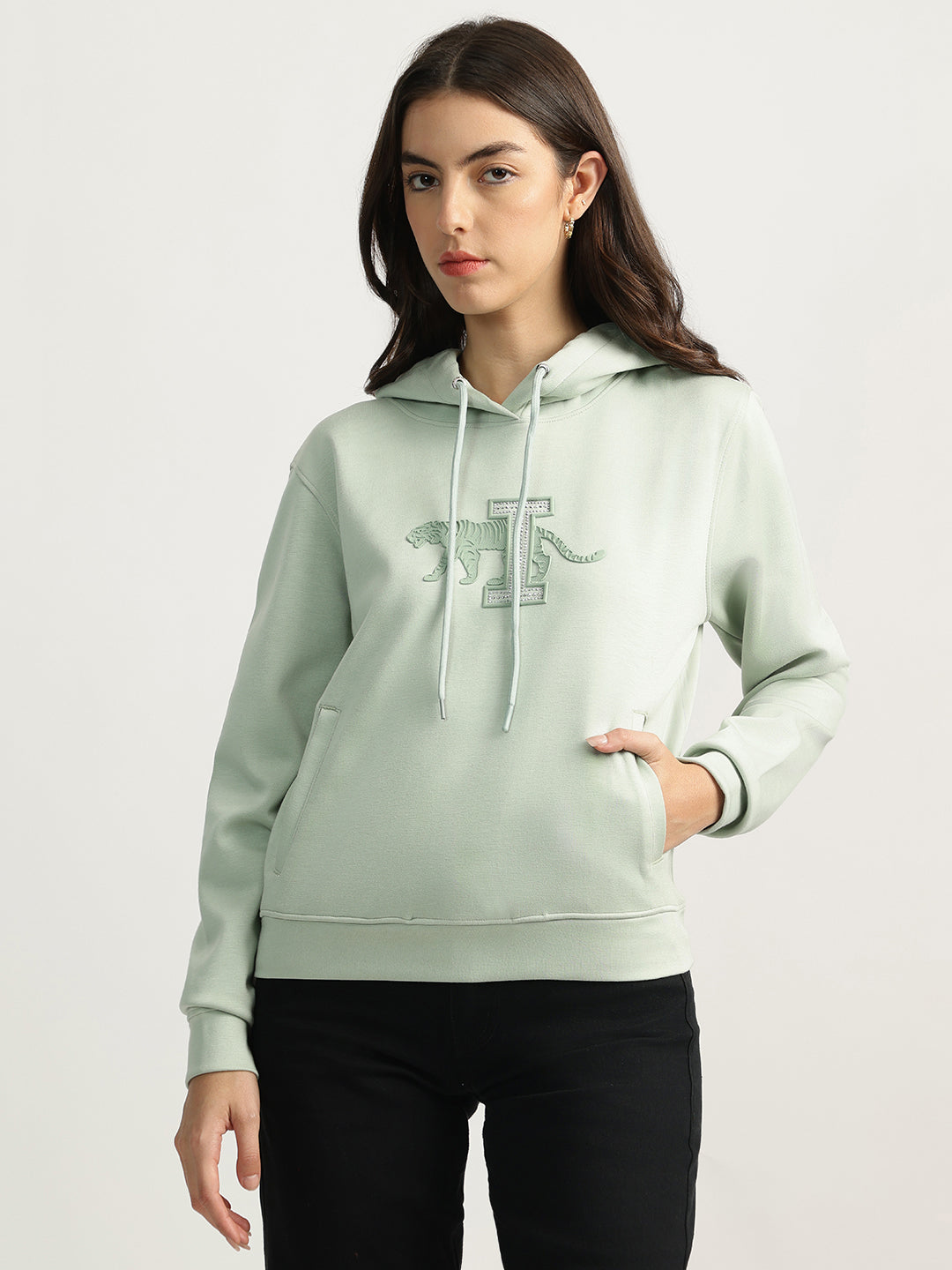 Iconic Women Green Printed Hooded Full Sleeves Sweatshirt