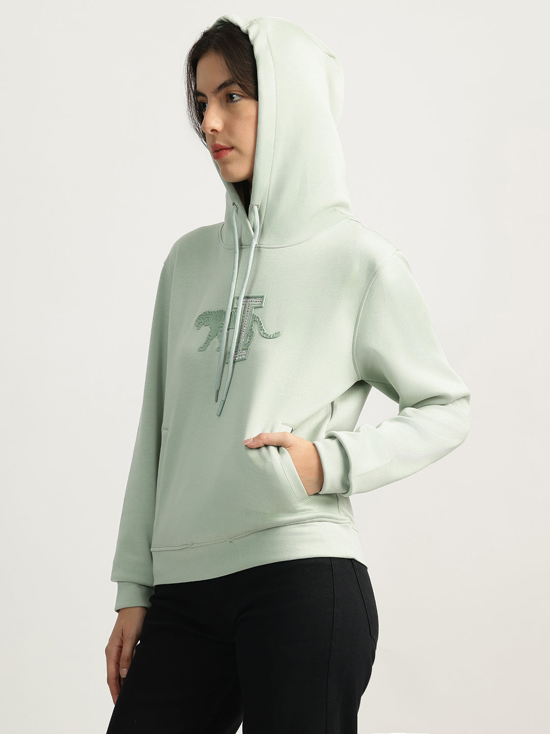 Iconic Women Green Printed Hooded Full Sleeves Sweatshirt