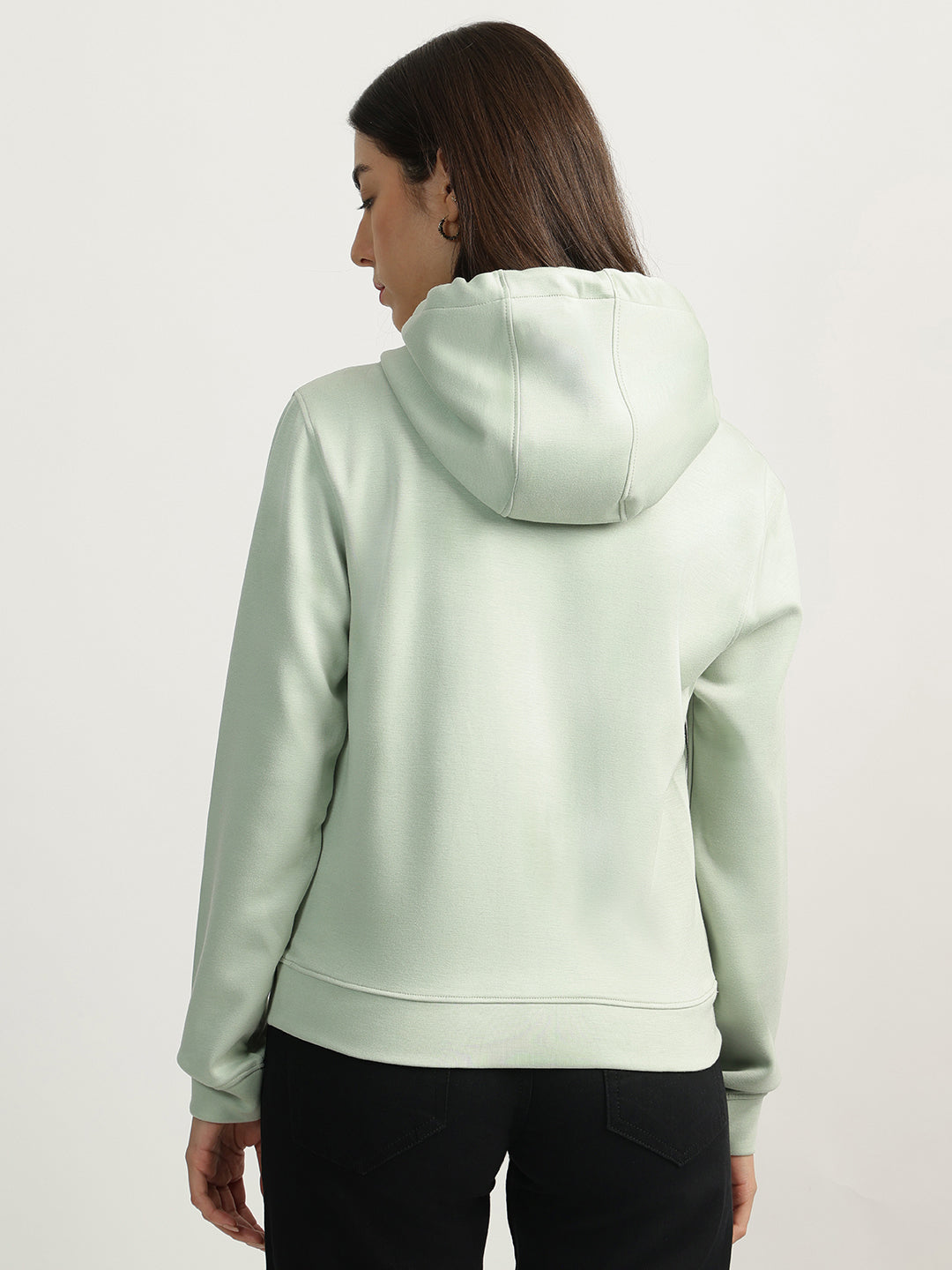 Iconic Women Green Printed Hooded Full Sleeves Sweatshirt