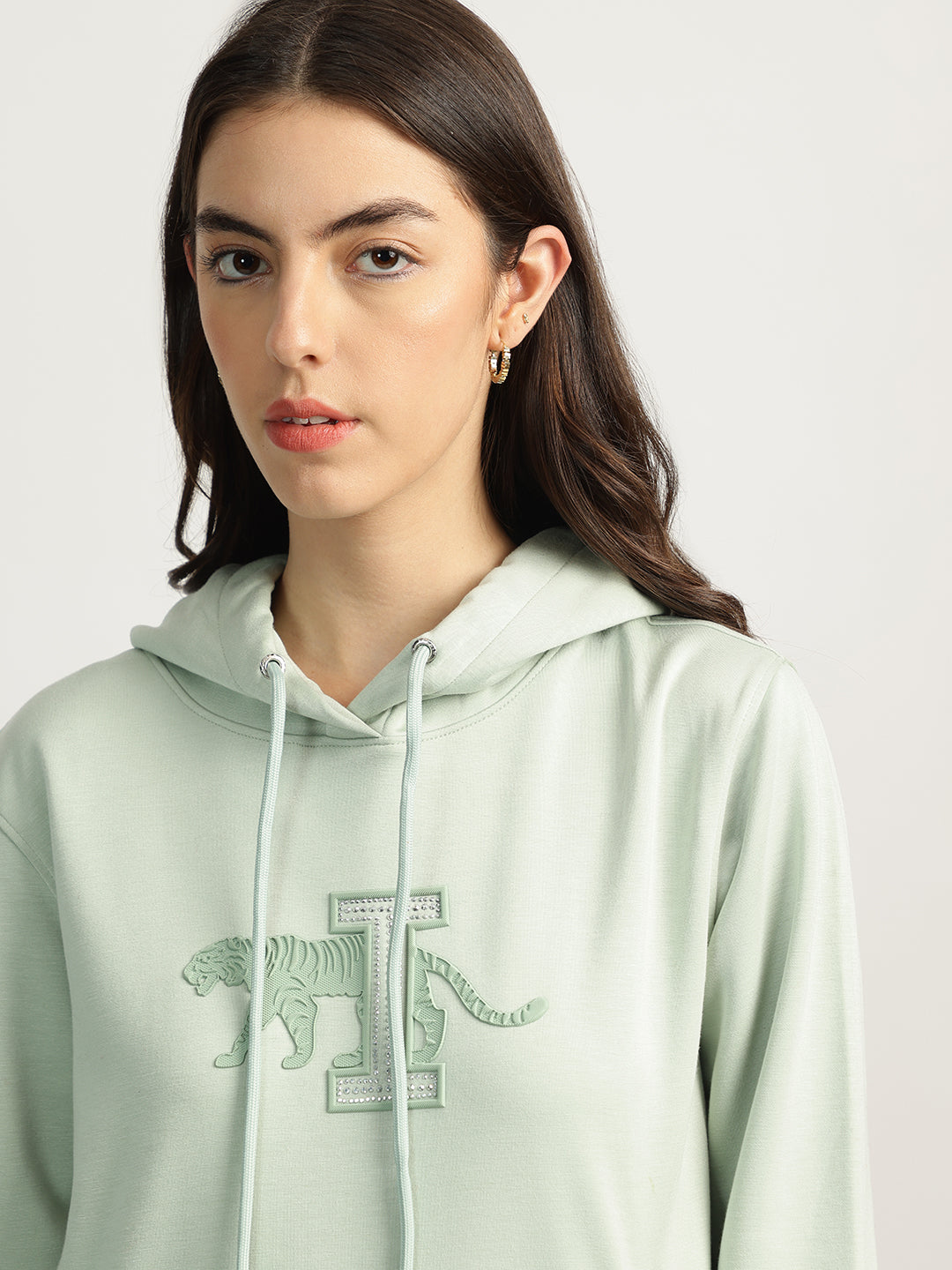 Iconic Women Green Printed Hooded Full Sleeves Sweatshirt