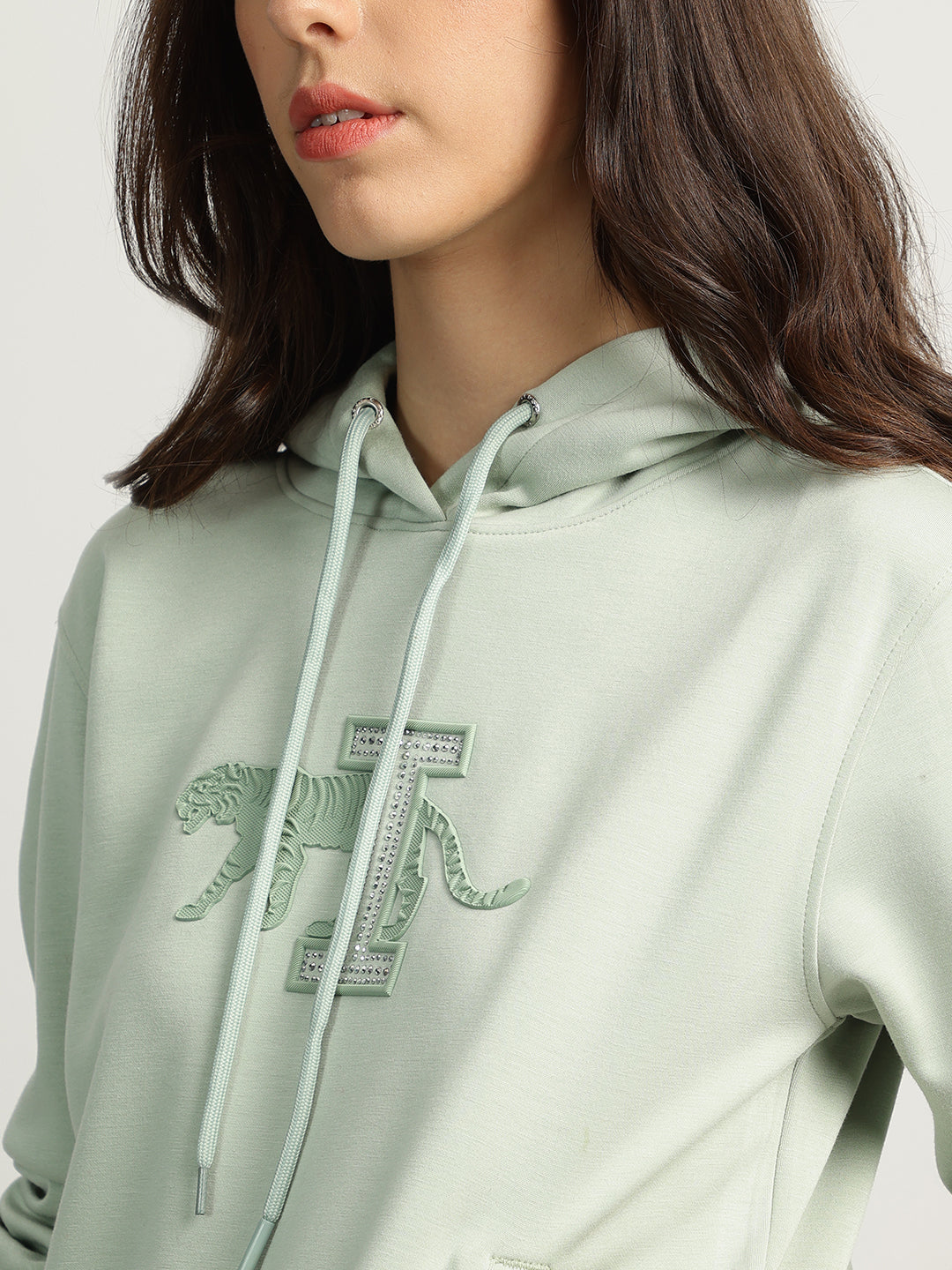 Iconic Women Green Printed Hooded Full Sleeves Sweatshirt