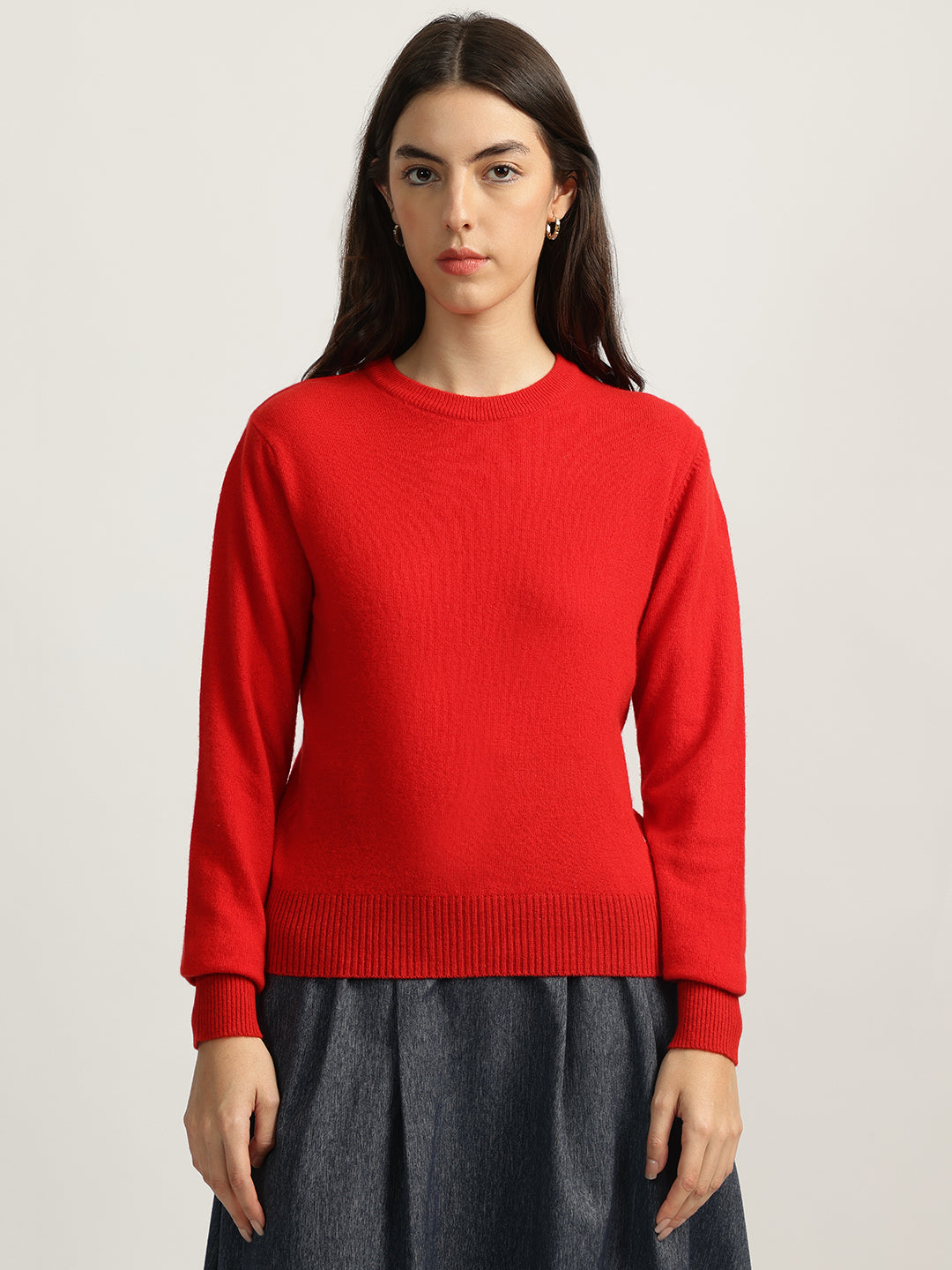 Iconic Women Red Solid Round Neck Full Sleeves Sweater