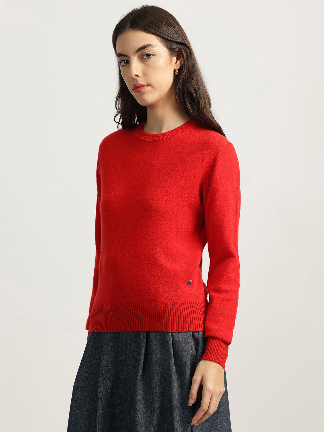 Iconic Women Red Solid Round Neck Full Sleeves Sweater