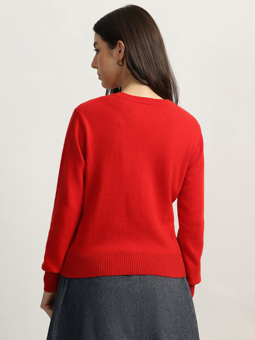 Iconic Women Red Solid Round Neck Full Sleeves Sweater