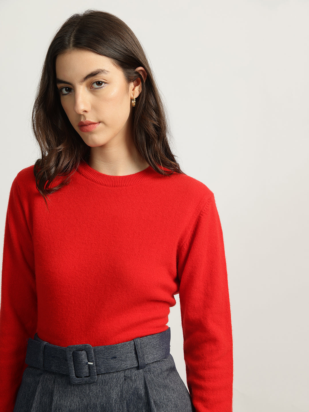 Iconic Women Red Solid Round Neck Full Sleeves Sweater