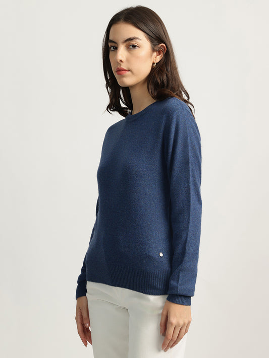 Iconic Women Blue Solid Round Neck Full Sleeves Sweater