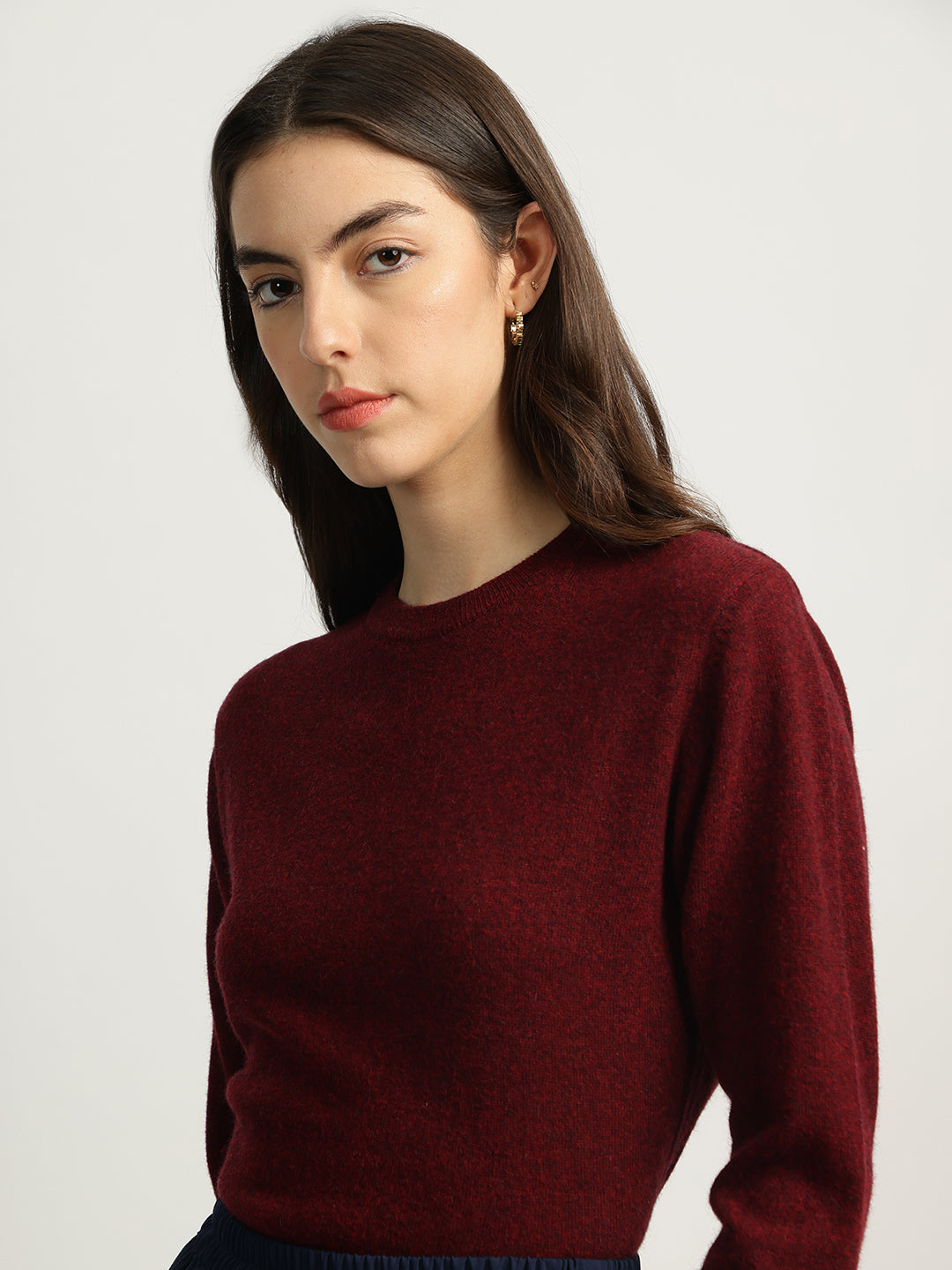 Iconic Women Wine Solid Round Neck Full Sleeves Sweater