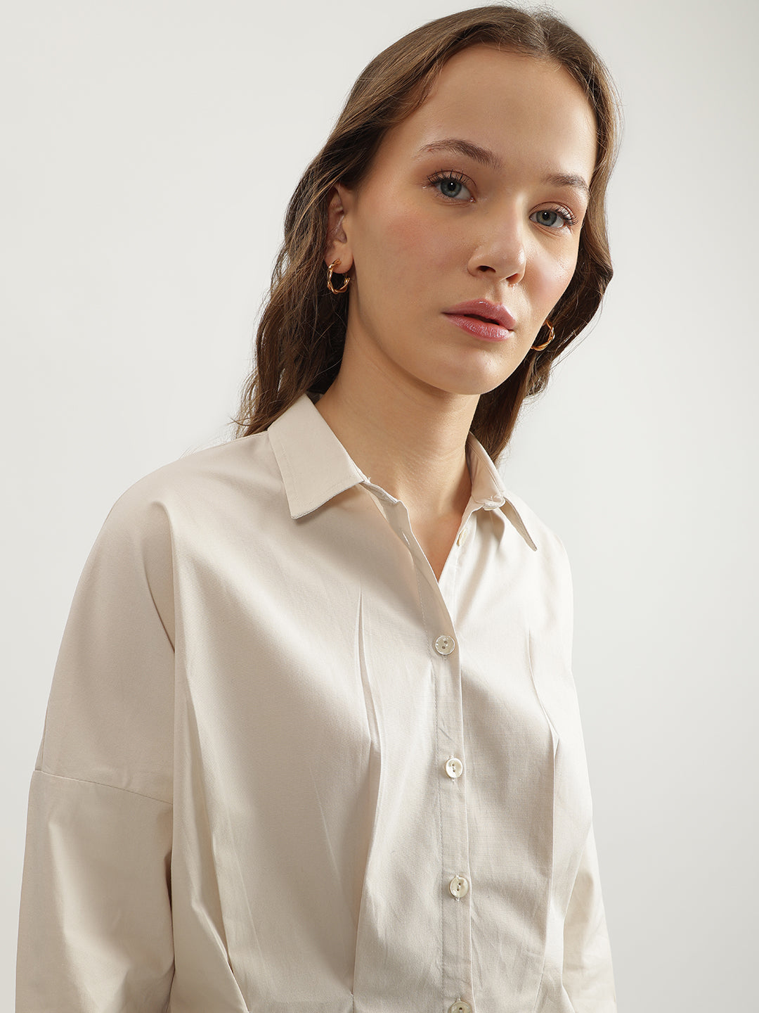 Iconic Women Beige Solid Spread Collar Full Sleeves Shirt