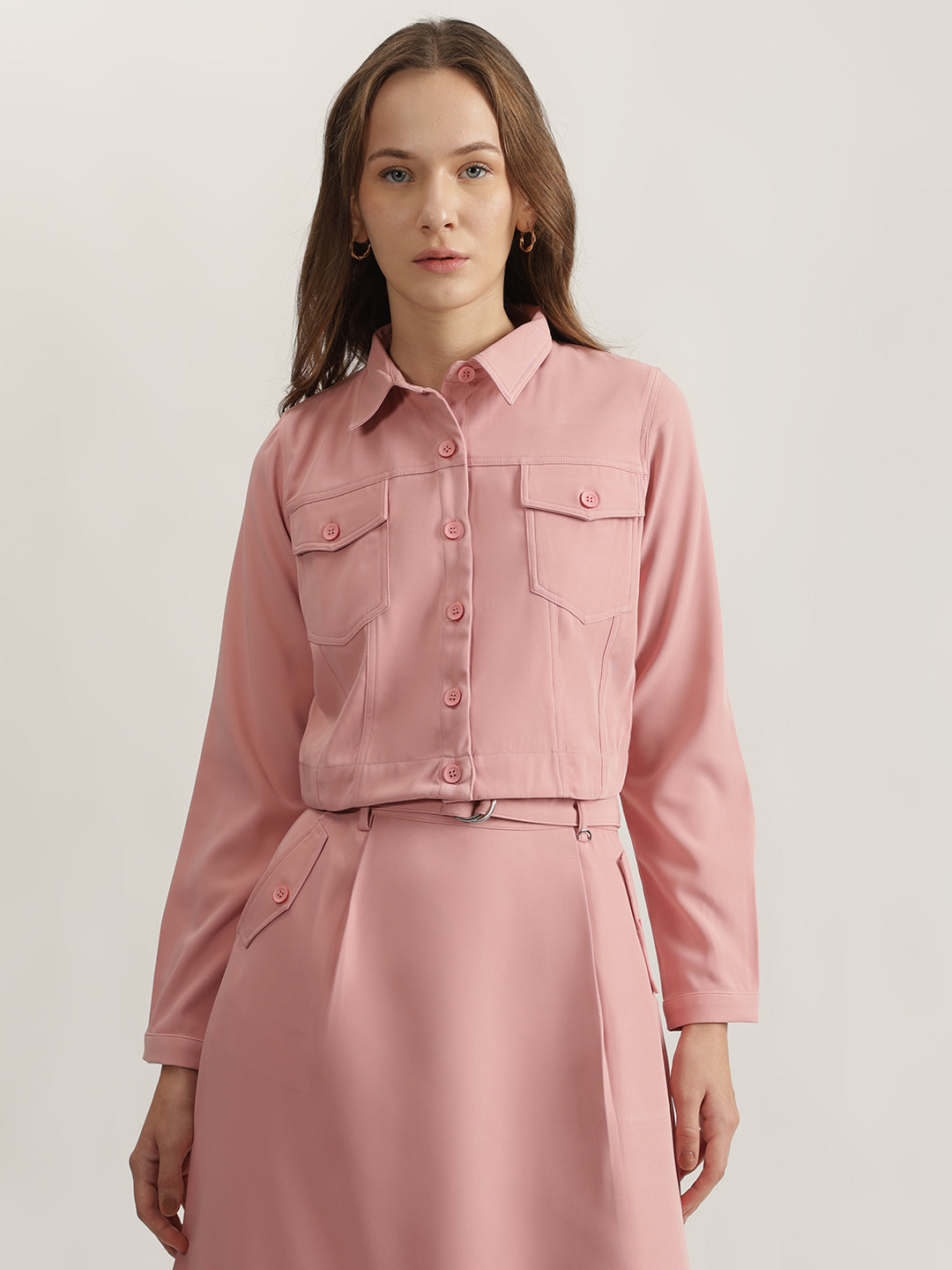 Iconic Women Pink Solid Spread Collar Full Sleeves Shirt