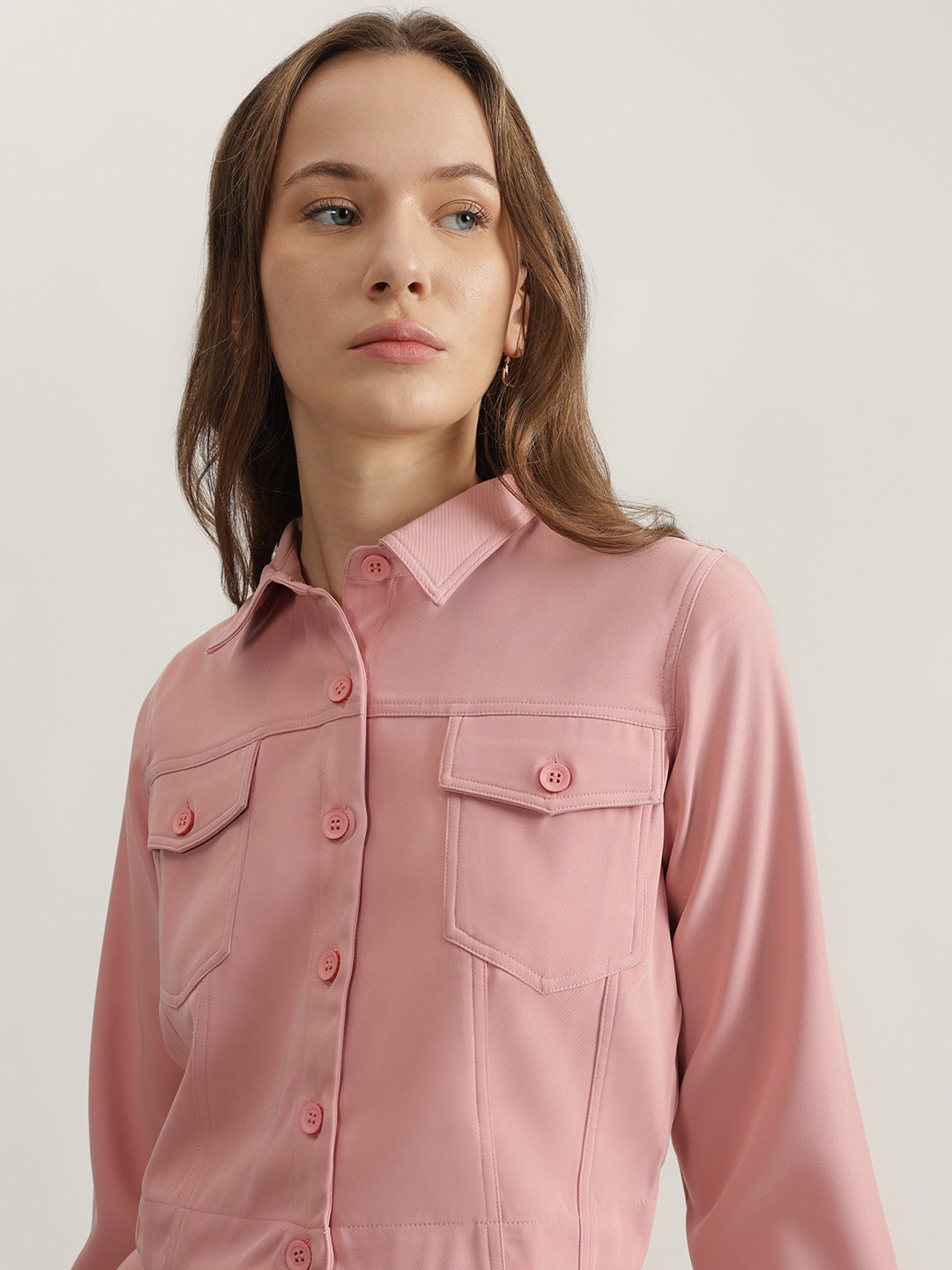 Iconic Women Pink Solid Spread Collar Full Sleeves Shirt