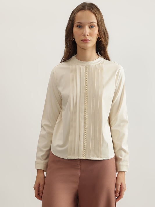 Iconic Women Cream Solid Round Neck Full Sleeves Top